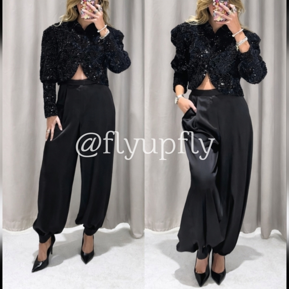 Zara BALLOON SATIN PANTS BLACK SIZE XS S